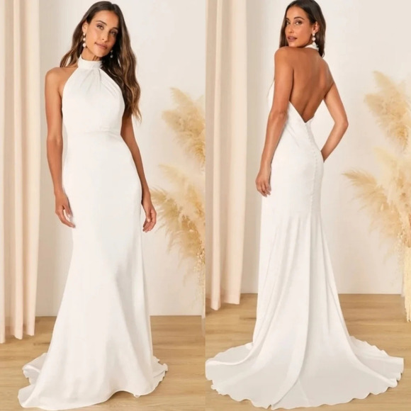 Lulu's Eternity Together White Satin Halter Mermaid Maxi Dress Wedding Bridal - Picture 1 of 13